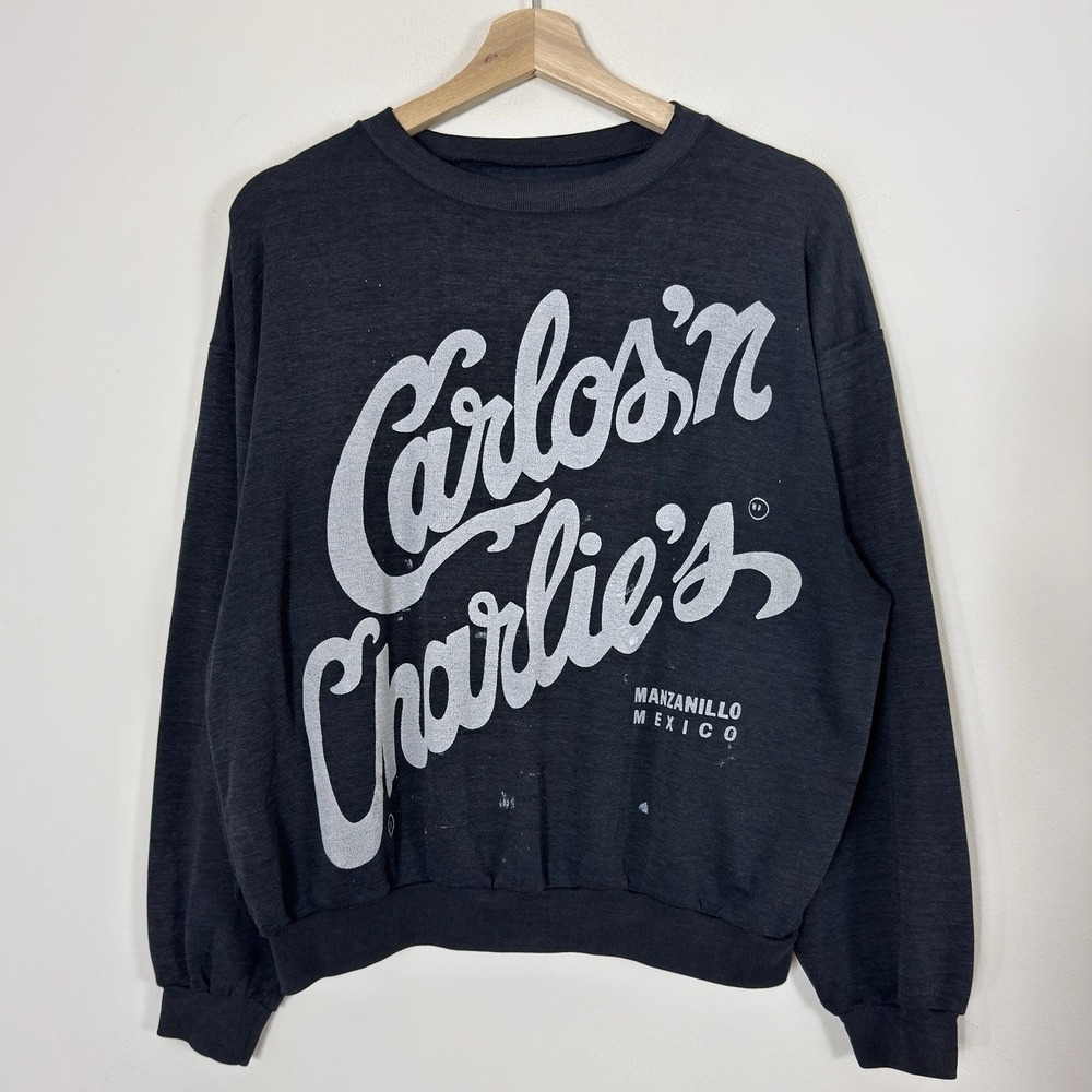 Vintage 80's Carlos'n Charlie's Mexico Restaurant Snack Black Sweatshirt Medium
